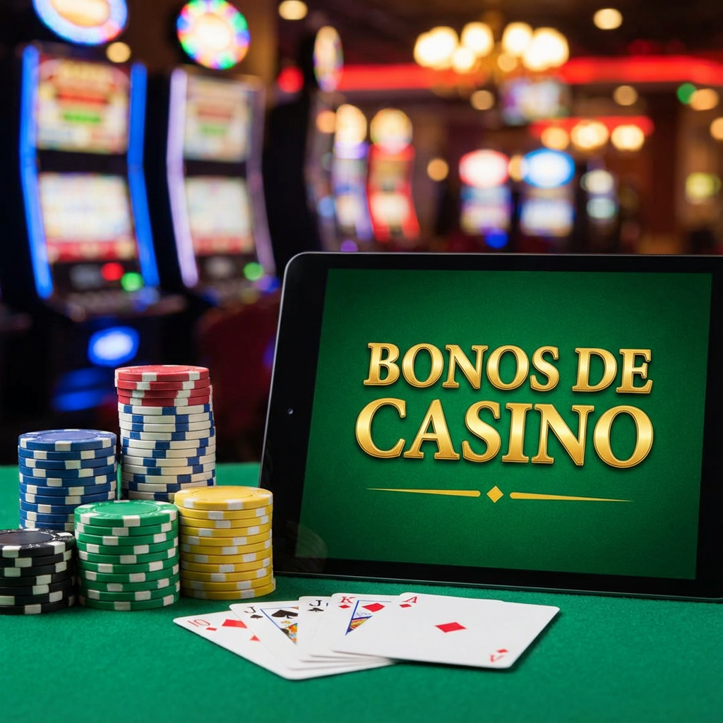 Bonos de casino online con fichas y dinero sobre fondo oscuro