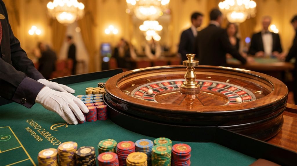 Casino de Uruguay con sala de slots y mesas de ruleta en ambiente nocturno